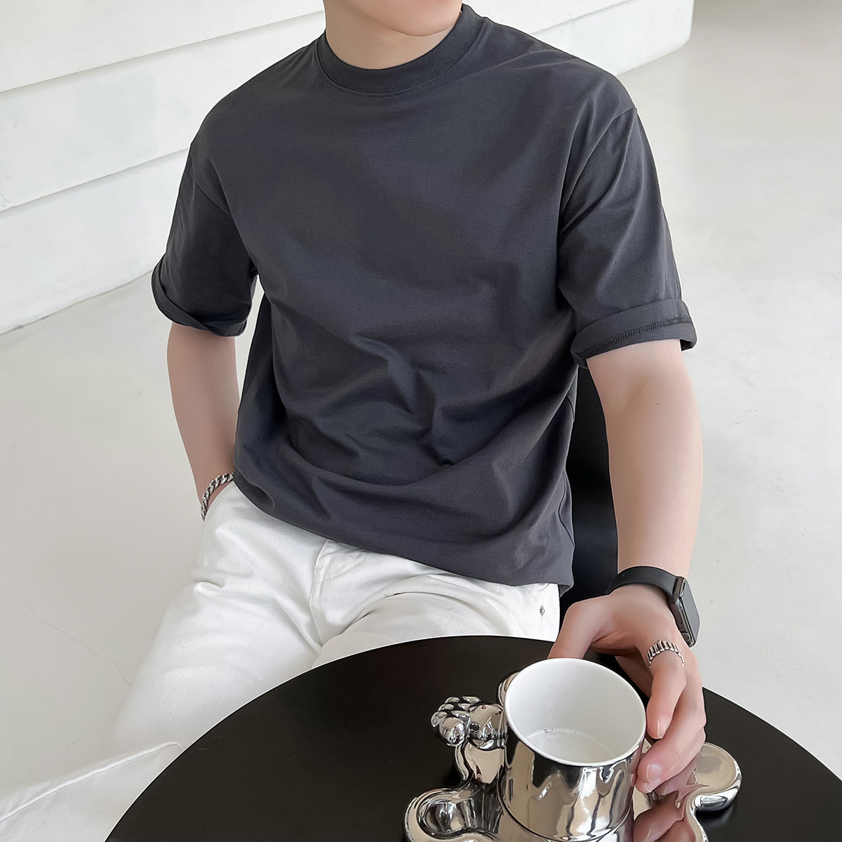 ins轻熟风高品质260克男士三防T圆领微宽落肩T恤黑A407-DT66-P25,男装T恤,电商A407