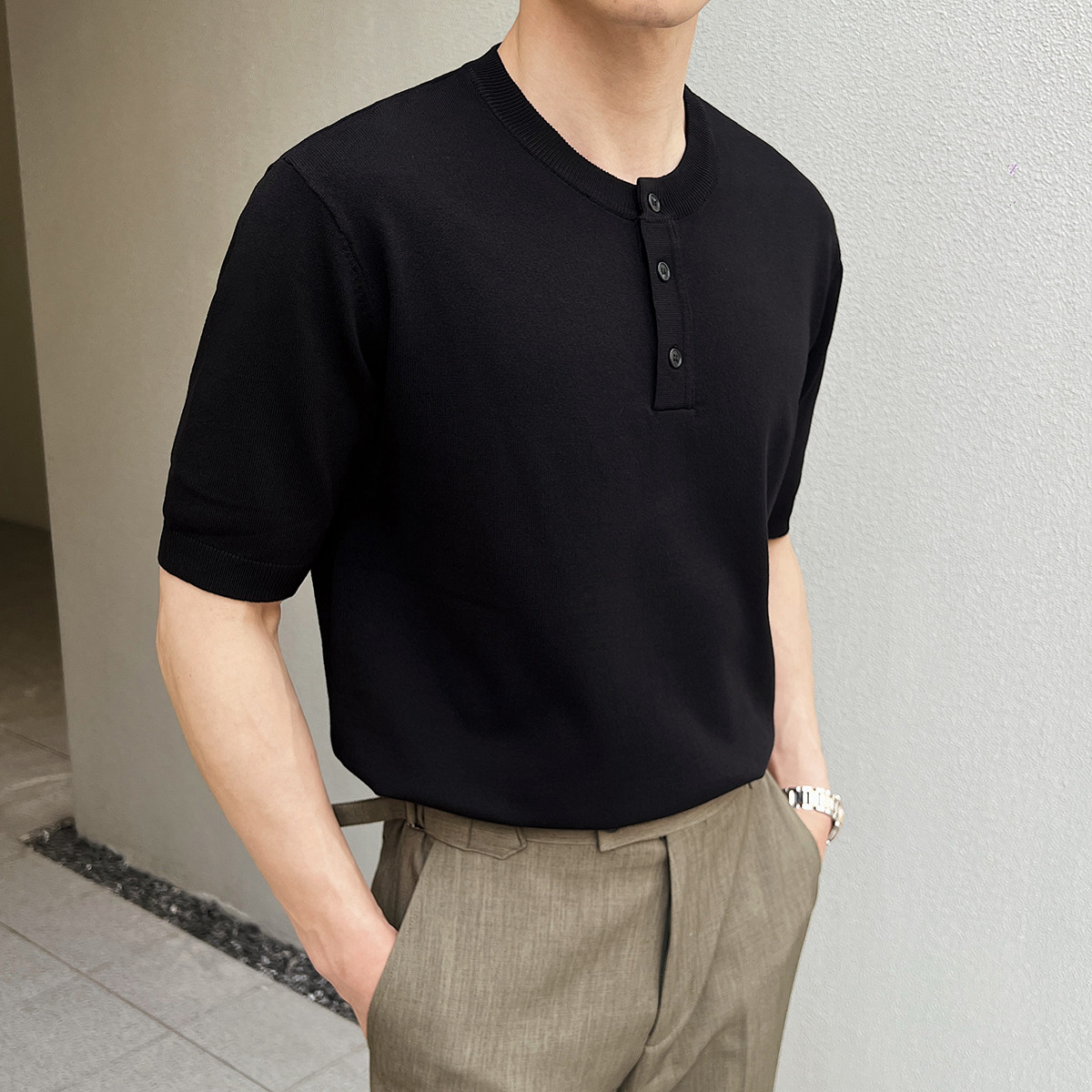夏季弹力短袖男针织衫套头圆领T恤休闲亨利领薄款A407-DT84-P65黑图片