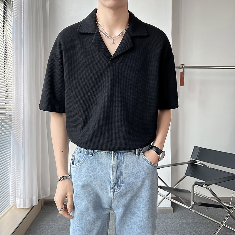 轻熟风新款古巴领翻领男士短袖T恤polo衫灰A407-T08-P45控78,男装T恤,电商A407