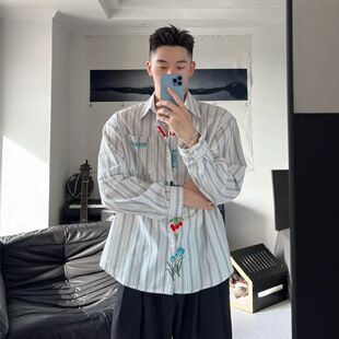 条纹刺绣男潮牌设计感衬衫外套长袖衬衣高级感休闲宽松韩版春秋季