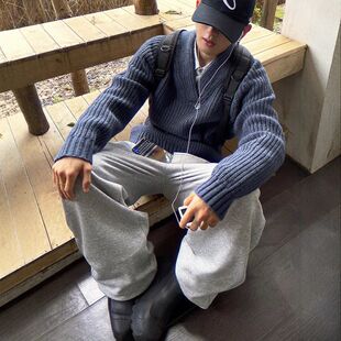 男女V毛衣潮外套粗线新款宽松蓝色领高级感复古美式针织衫秋冬季