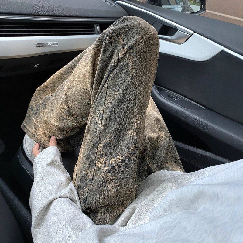 小众花牛仔裤蓝提设计感高街直筒男款复古微喇裤vibe美式夏季裤子