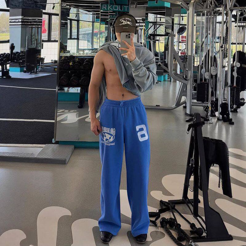 长裤重磅美式训练男款卫裤运动直筒垂感休闲字母刺绣阔腿健身裤子