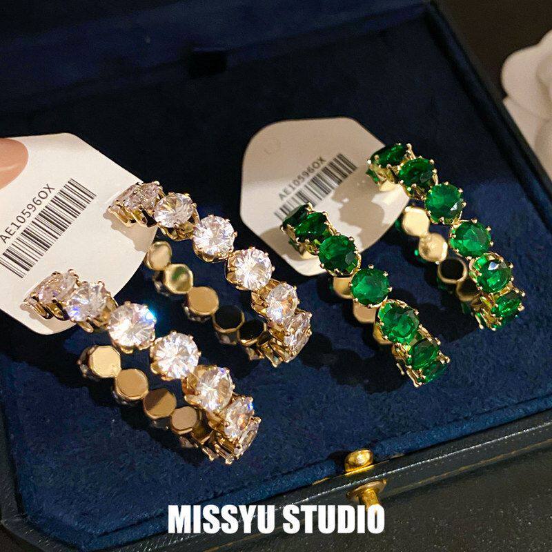 翠色欲滴！祖母绿锆石耳圈中古vintage耳环轻奢高级感耳饰女批发