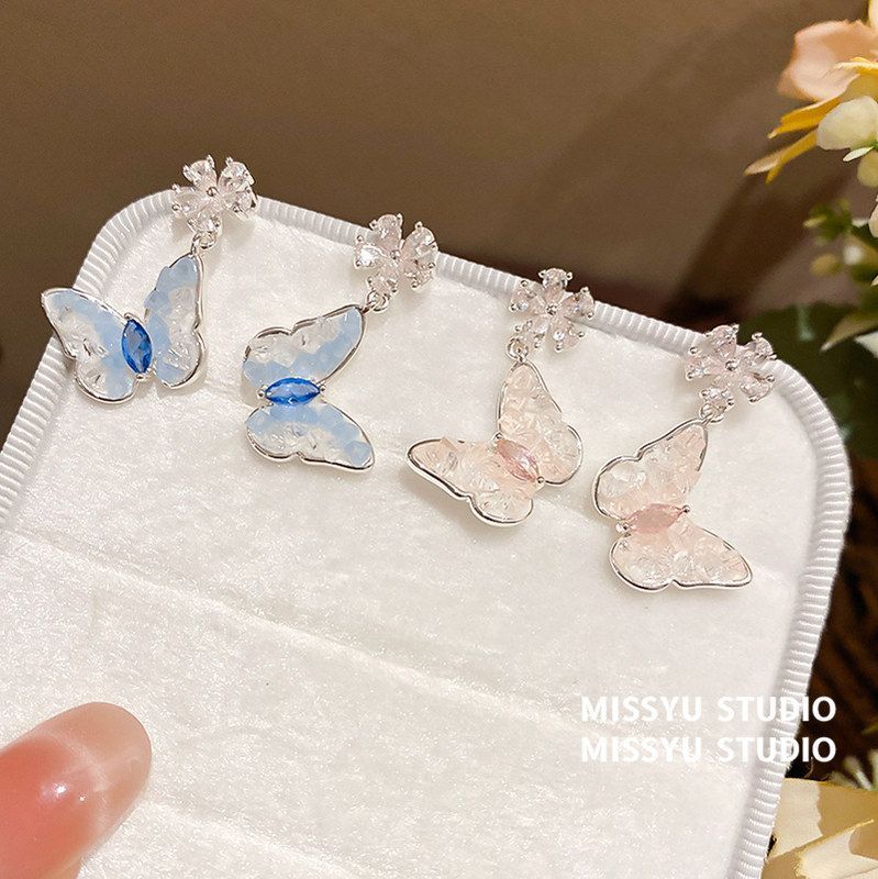 轻奢水晶耳饰翩若惊鸿锆石~时尚高级感耳环超仙耳钉蝴蝶精致花朵