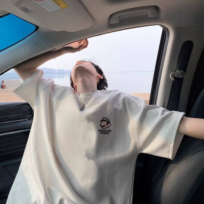 圆领纯棉ins美式复古大码短袖男宽松T恤白色体恤重磅潮牌半袖夏季