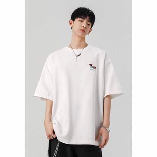 男款多巴胺刺绣薄款白色t恤袖休闲腊肠狗极简风美式短袖夏季半截