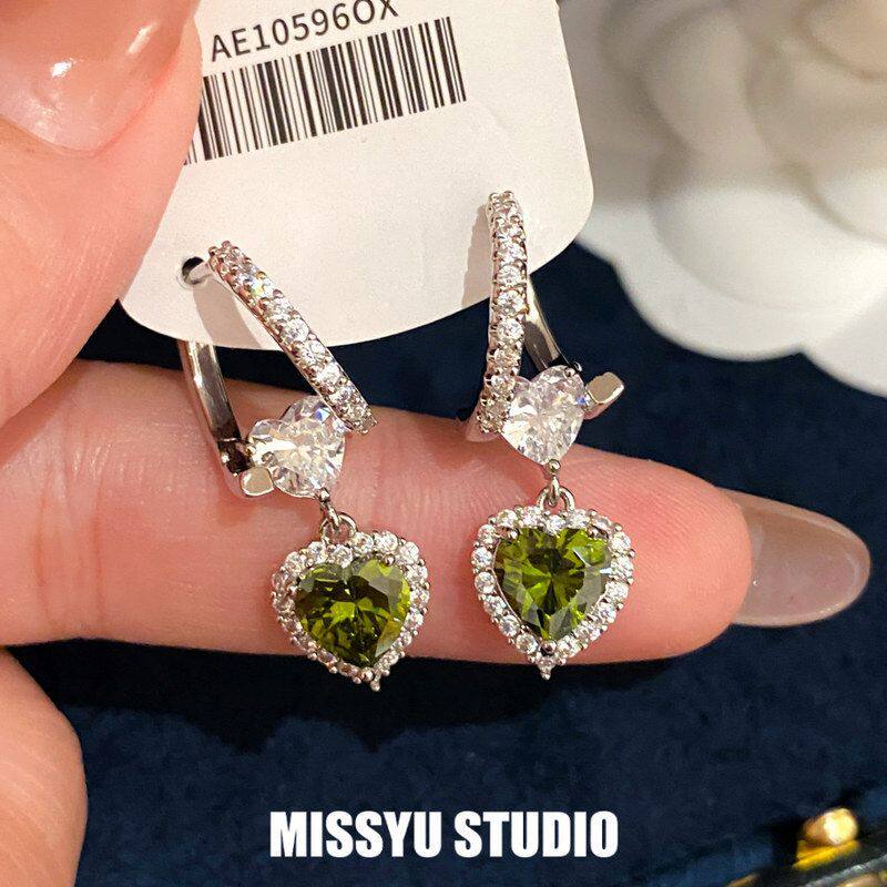 锆石饰品耳环爱心绿色女小众!叙耳饰设计感叠韩系耳钉甜美风青心