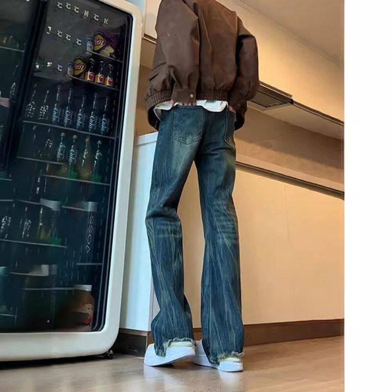 美式直筒裤男款裤子纹微喇vibe竹节牛仔裤高街灰色版型黑复古提档