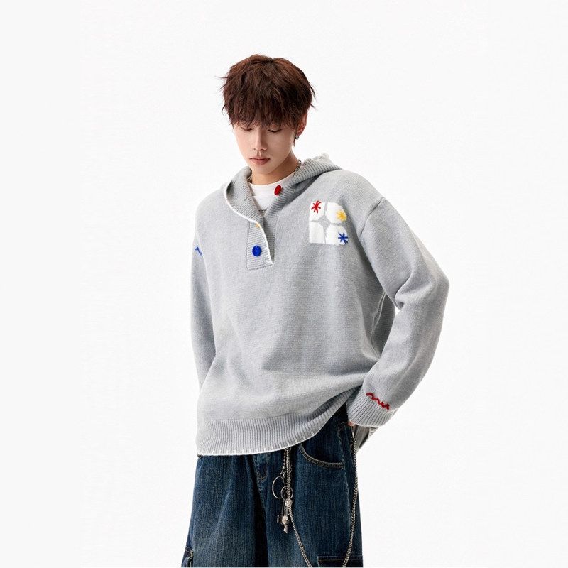 设计感情侣纽扣复古针织衫彩色