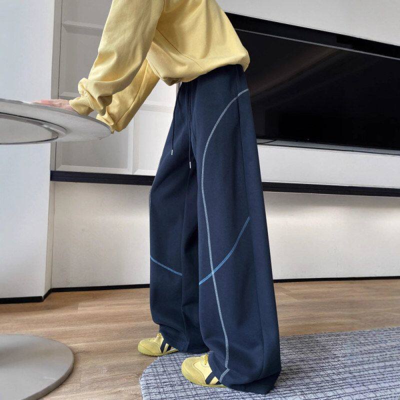 藏青色弯刀美式子阔腿裤明线宽松休闲裤卫裤运动男女舒适显高秋季