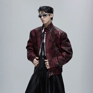 机车服皮衣短款外套潮牌蟒炸街蛇痞帅立领棒球春季夹克hiphop男纹