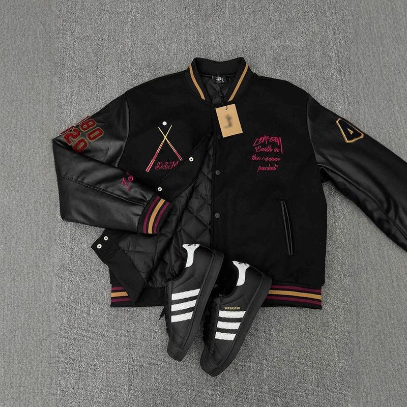 美式撞色拼刺绣男痞帅棒球外套