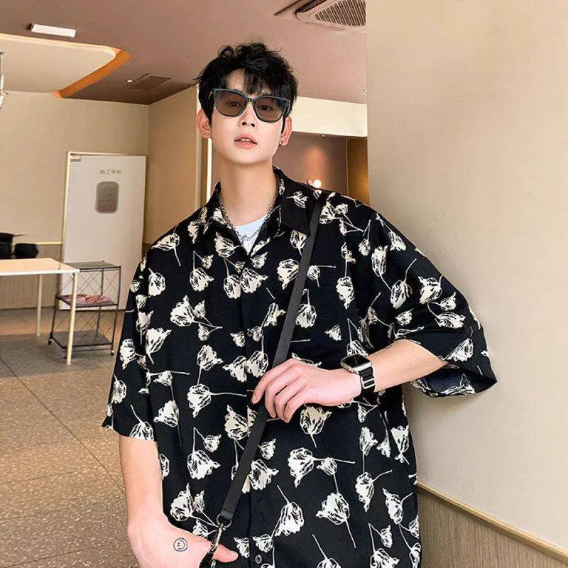 春威夷冰丝宽松衬衣男款外套休闲衬衫薄款夏季短袖花海滩美式潮牌