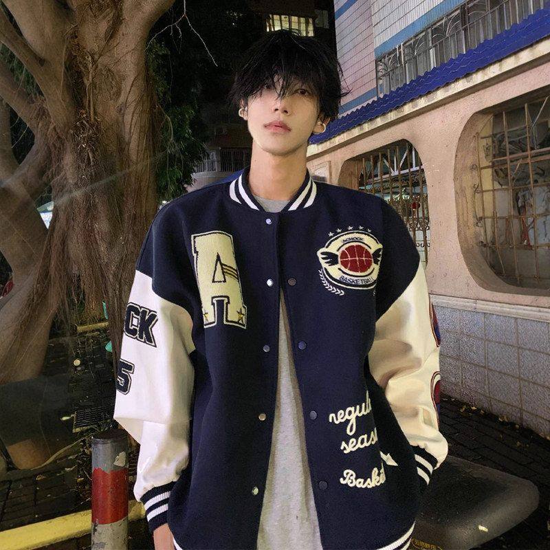 刺绣美式高级感情侣秋冬藏青色外套潮牌棒球短款夹克vibe痞帅服男