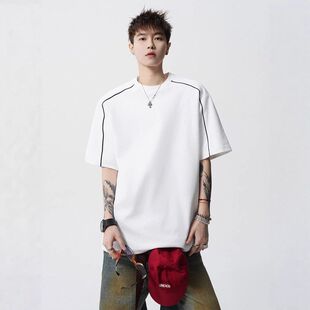 百搭美式条纹拼接上衣肩袖夏季短袖T恤插复古体恤白色男宽松潮牌