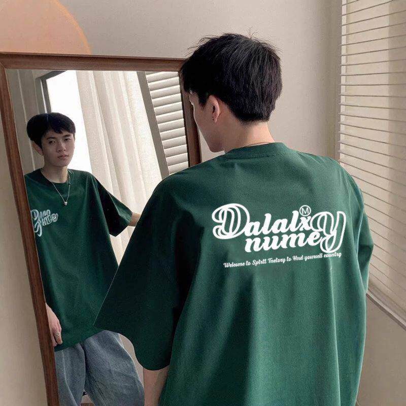 夏季短袖青少年半袖男印花美式T恤宽松复古纯棉ins背面墨绿色重磅