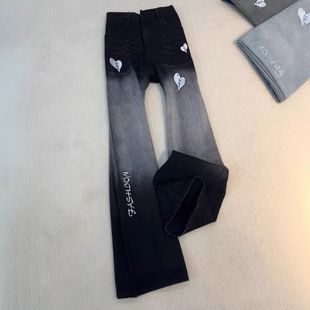 微喇裤爱心冬季字母高街炸街痞帅刺绣男款美式牛仔裤潮牌裤子春秋