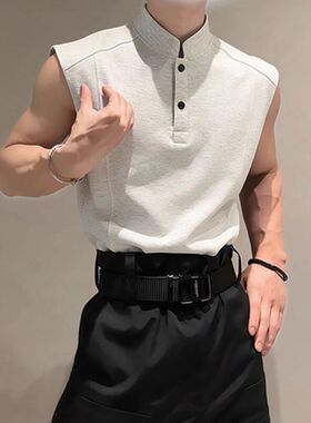 衫无袖亨利领olo老头坎肩重磅p美式背心男夏衫boxy立领白t恤灰色