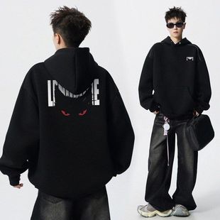 重磅印花恶魔肩上感卫衣衣连帽正猫咪打底衫秋季松弛男款黑色美式