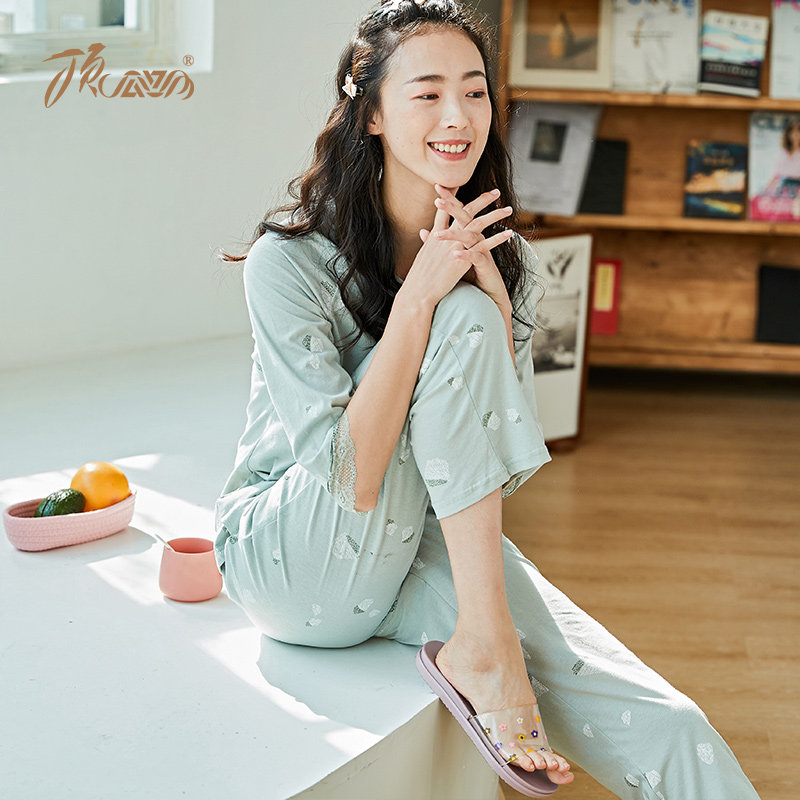 顶呱呱睡衣女蕾丝七分袖长裤圆领套头甜美青年家居服春夏季顶瓜瓜