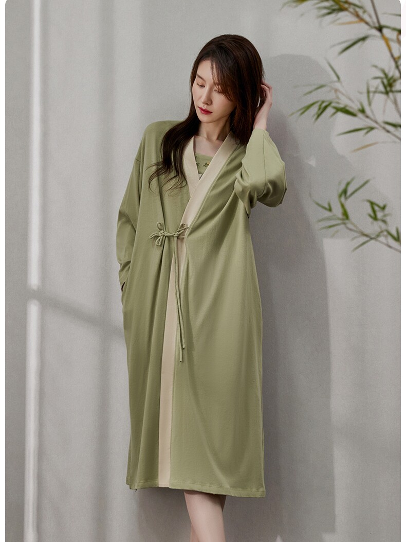 RETRO NATIONAL STYLE DRESSING GOWN LONG-SLEEVED WOMENS BATHROBE SPRING AND AUTUMN COTTON HANFU SKIRT PAJAMAS MORNING ROBE SUSPENDER NIGHTDRESS 2-PIECE SET
