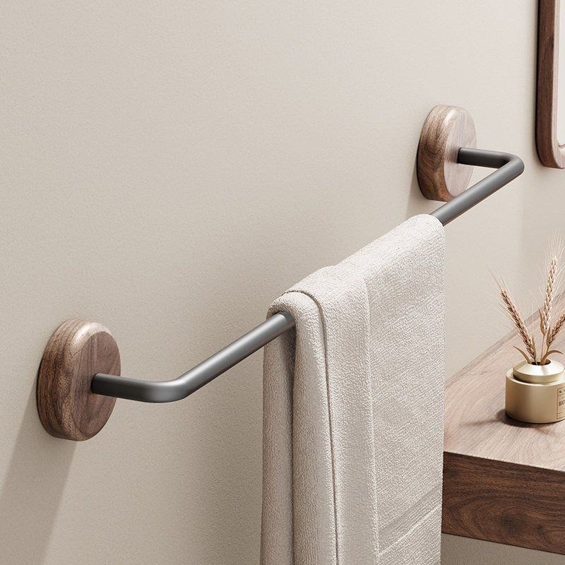 胡桃木毛巾架挂杆免打孔毛巾架子单杆浴室卫生间置物架墙壁挂免钉