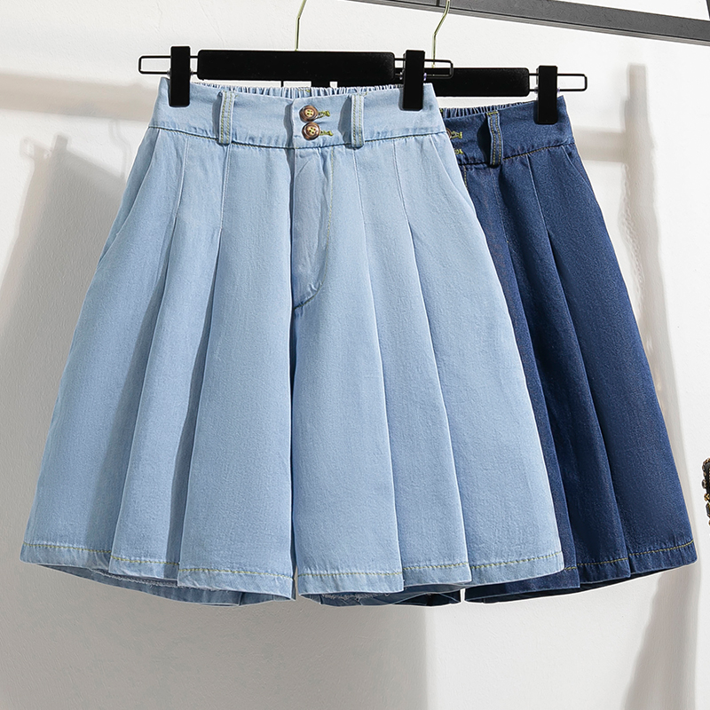 大码薄款冰丝牛仔短裤女阔腿热裤