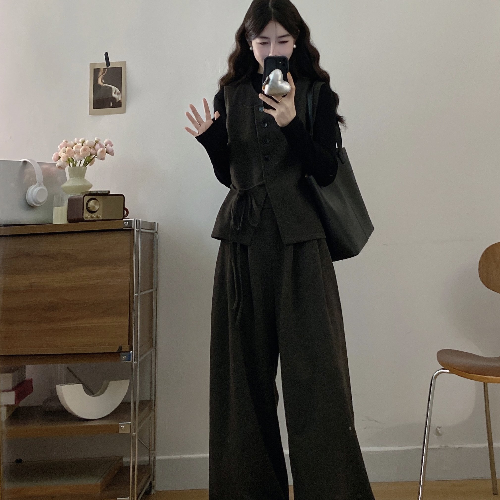 2025新款大码女装宽松显瘦休闲长袖上衣搭配纯色阔腿长裤两件套