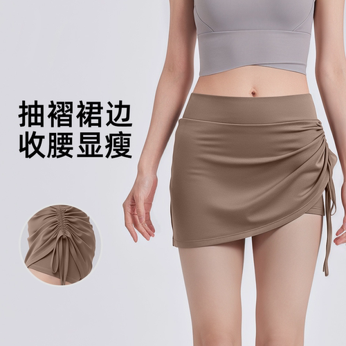 聚衣堂新款抽皱运动短裙女防走光高腰提臀跑步假两件瑜伽健身裤夏
