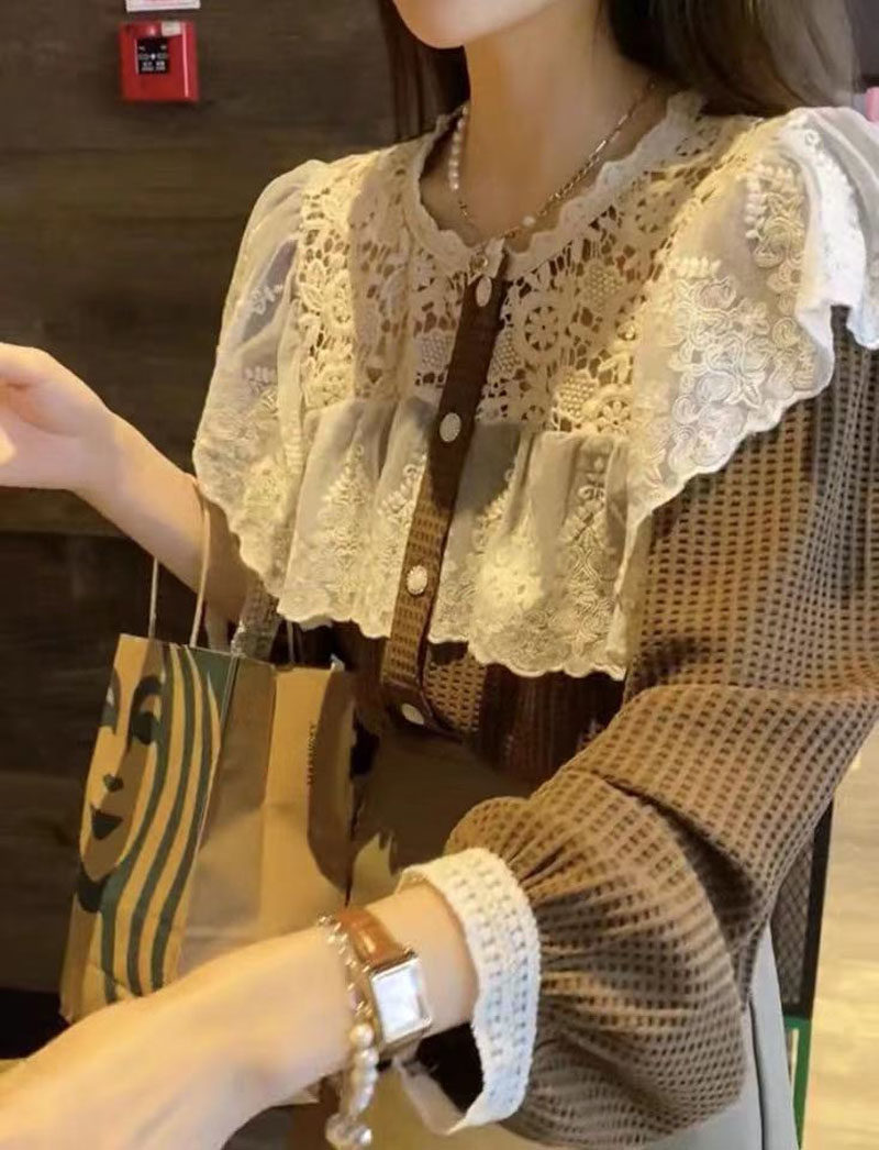 韩系风格穿搭百搭蕾丝花边拼接洋气时髦上衣早秋减龄女士衬衣小衫