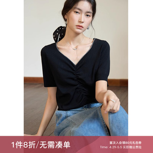 显瘦上衣 简约V领褶皱T恤夏装 微胖MM立体正肩经典 新款 独束大码 女装