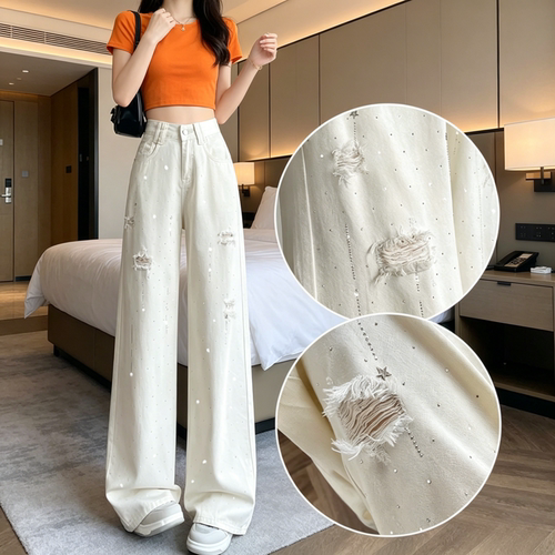 破洞天丝烫钻阔腿牛仔裤女