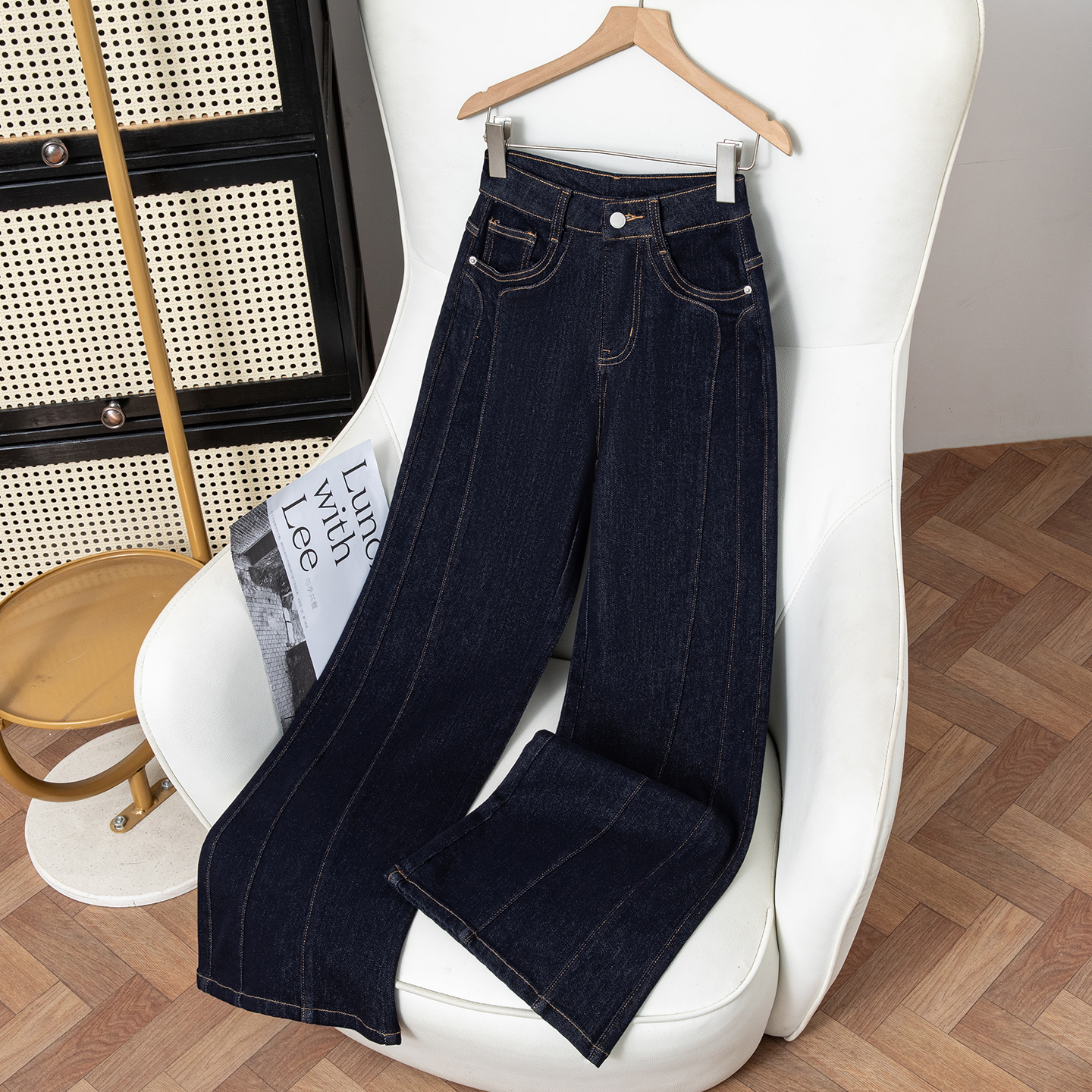 丹宁蓝复古阔腿牛仔裤女秋季2025