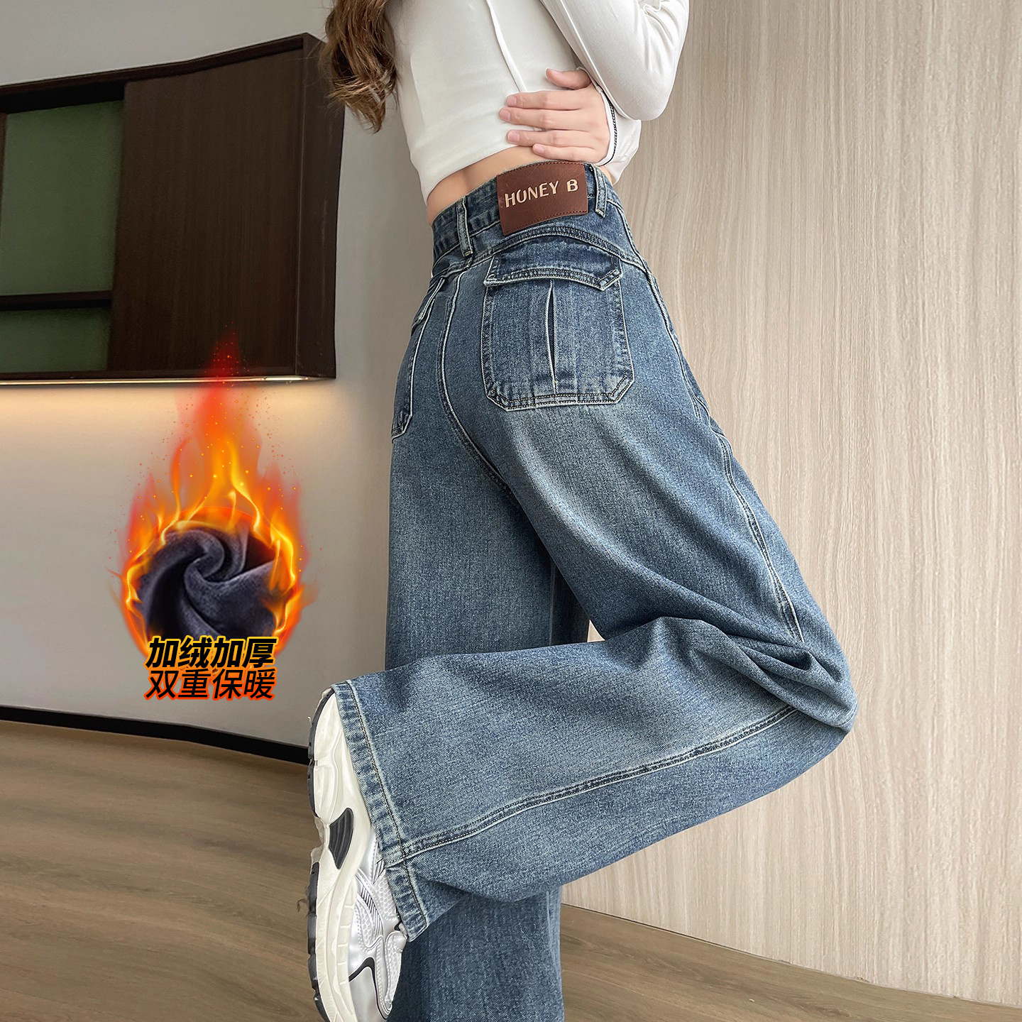复古蓝阔腿牛仔裤女秋冬季新款