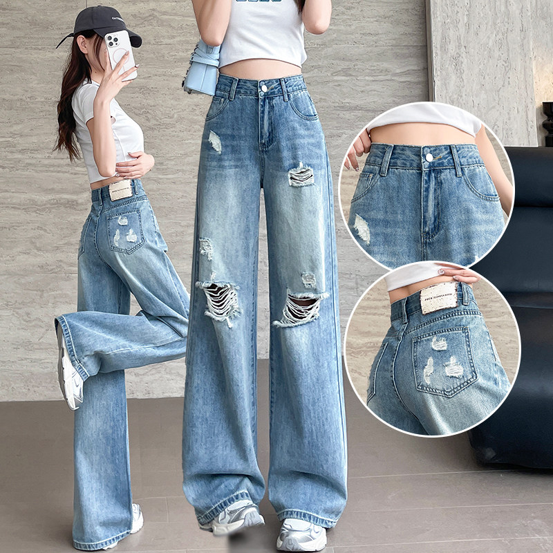 浅蓝色破洞窄版阔腿牛仔裤女夏季