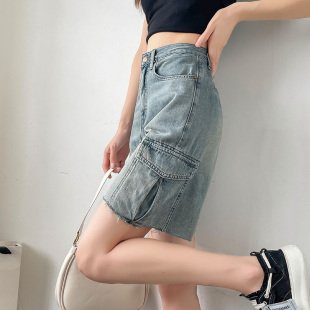 设计感怀旧蓝五分中裤 高腰牛仔短裤 宽松显瘦大码 2025新款 子 女夏季