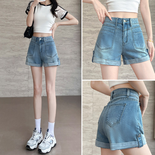浅色高腰卷边牛仔短裤女夏季薄款