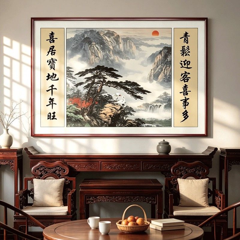 迎客松中堂画客厅挂画农村堂屋大气老式自建房山水画大厅装饰画
