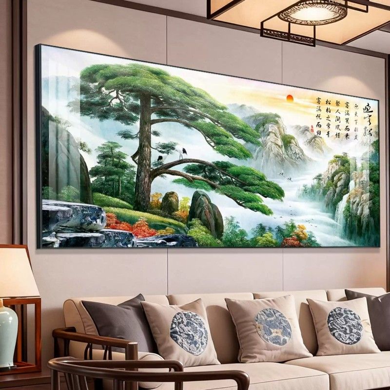 迎客松山水画客厅挂画新式中堂沙发背景墙壁画字画办公室风景字画