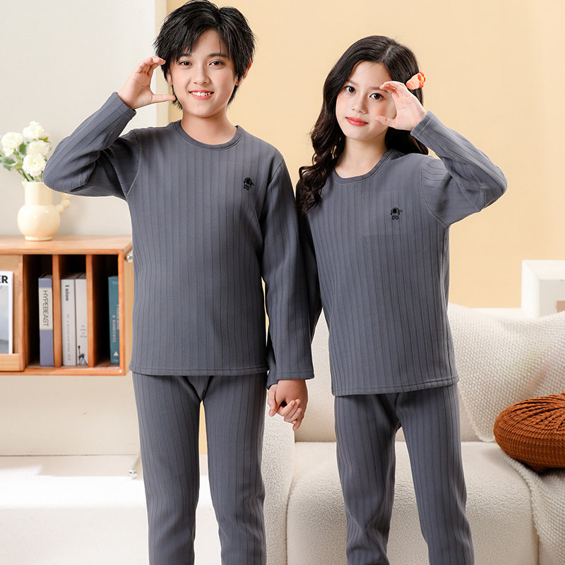青少年保暖内衣套装儿童加绒加厚秋衣裤中学生纯色圆领打底睡衣冬