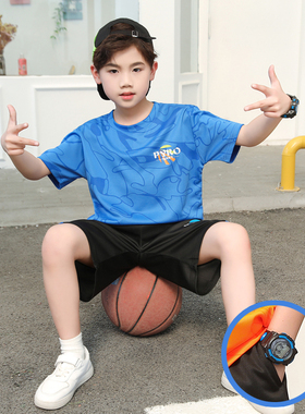 儿童运动速干衣套装夏季宝宝橙色短袖中大童篮球服外穿居家两件套