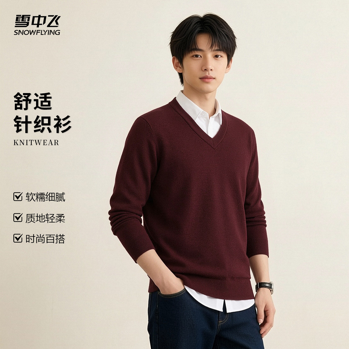 雪中飞男士V领套头针织衫