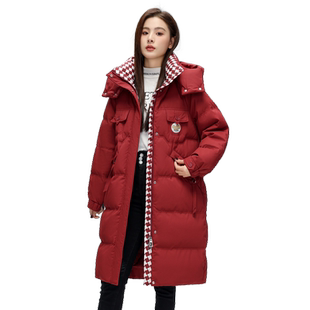 雪中飞2025秋冬新款女士长款可脱卸帽羽绒服棋盘格时尚保暖加厚