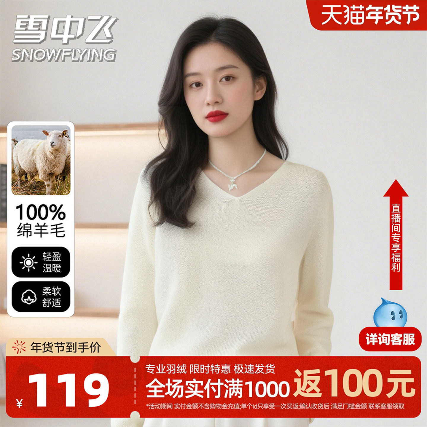 雪中飞【100%绵羊毛】秋冬厚款V领羊毛衫女纯色休闲长袖女式毛衣W