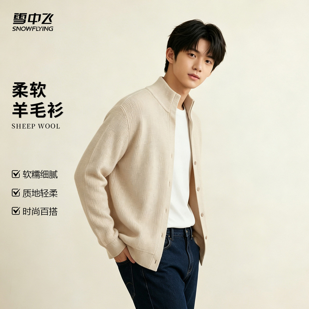 雪中飞男含羊绒重磅半高领开衫