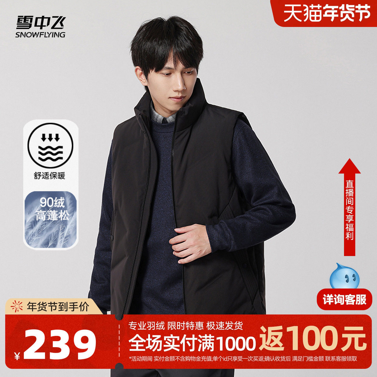 雪中飞2025冬新款男士短款羽绒背心马甲时髦立领时尚简约保暖舒适,男装,羽绒马甲,淘宝优惠券,粉丝福利购,淘宝优惠卷