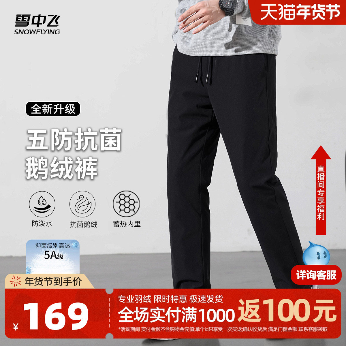 雪中飞2025冬新款男士鹅绒裤直筒蓄热防泼水抗静电5A抗菌绒商务,男装,羽绒裤,淘宝优惠券,粉丝福利购,淘宝优惠卷