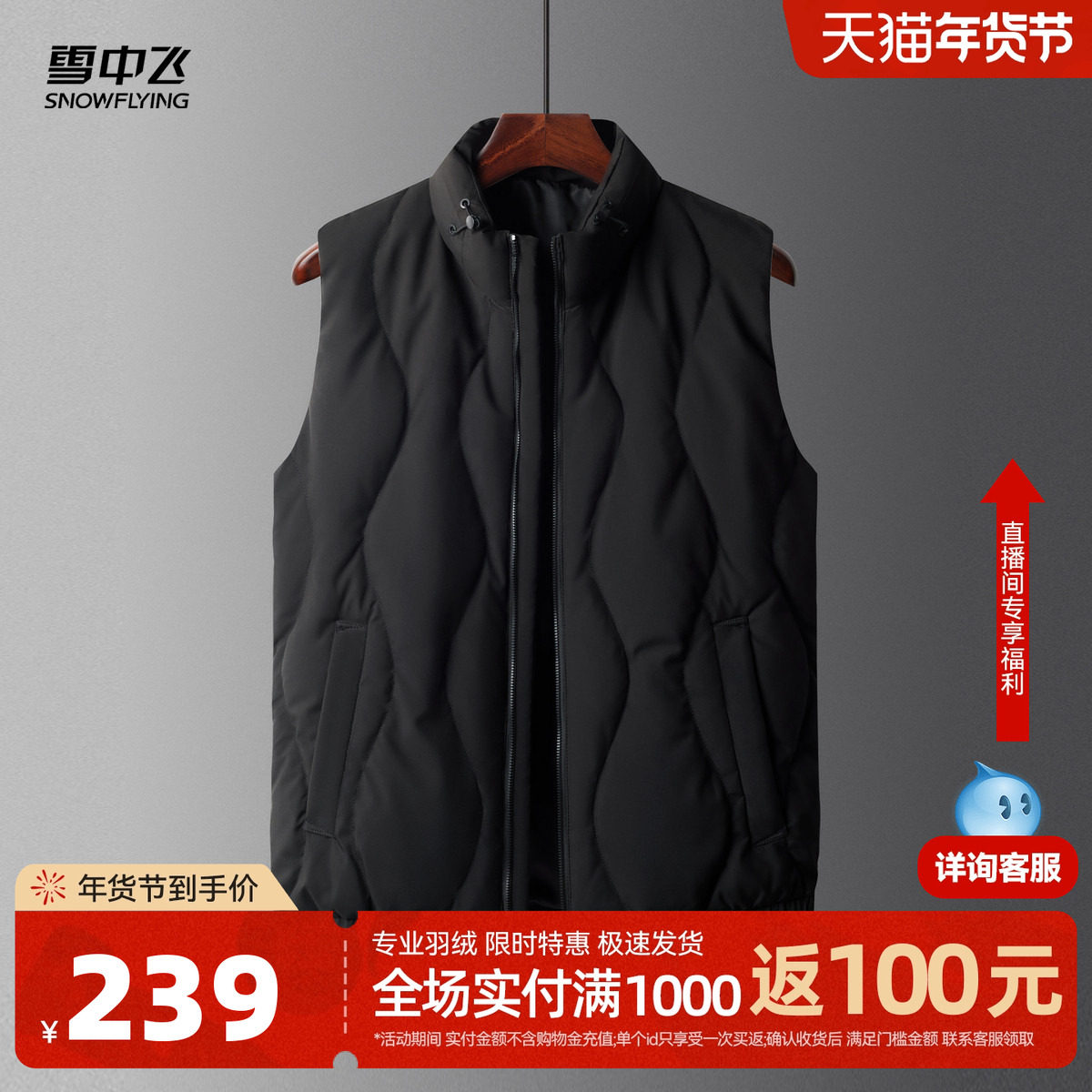 雪中飞2025冬新款男士爸爸款立领羽绒外穿背心商务休闲纯色百搭,男装,羽绒马甲,淘宝优惠券,粉丝福利购,淘宝优惠卷