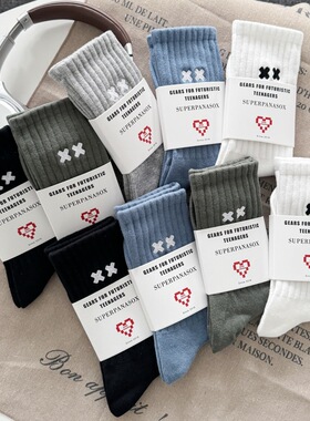 cityboy袜子男女纯白色韩版ins潮网红刺绣XX无骨高街滑板中筒棉袜